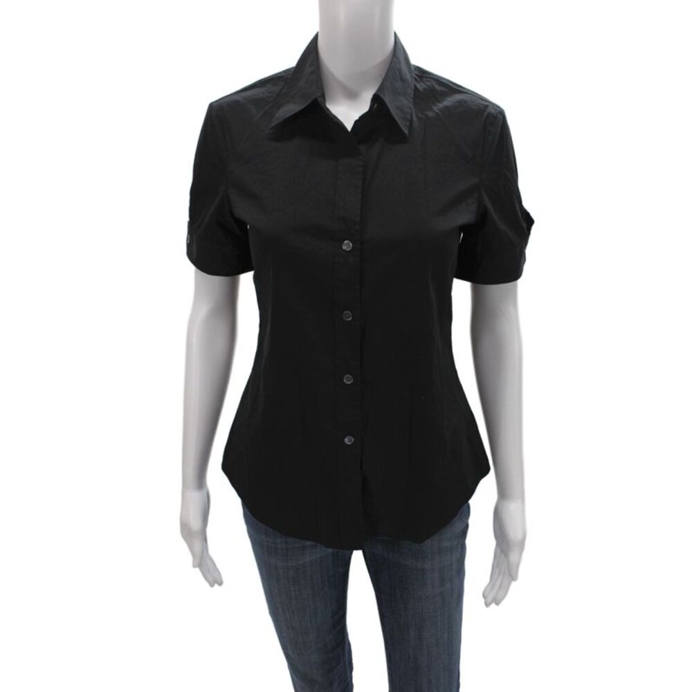 Theory Women Basic Collared Black Short Sleeve Button-Up Cotton Size S